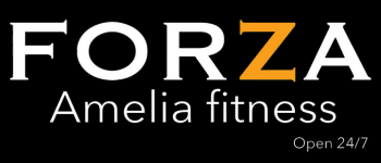 Logo for Forza Amelia fitness. White text on black background, orange "Z". Open 24/7.