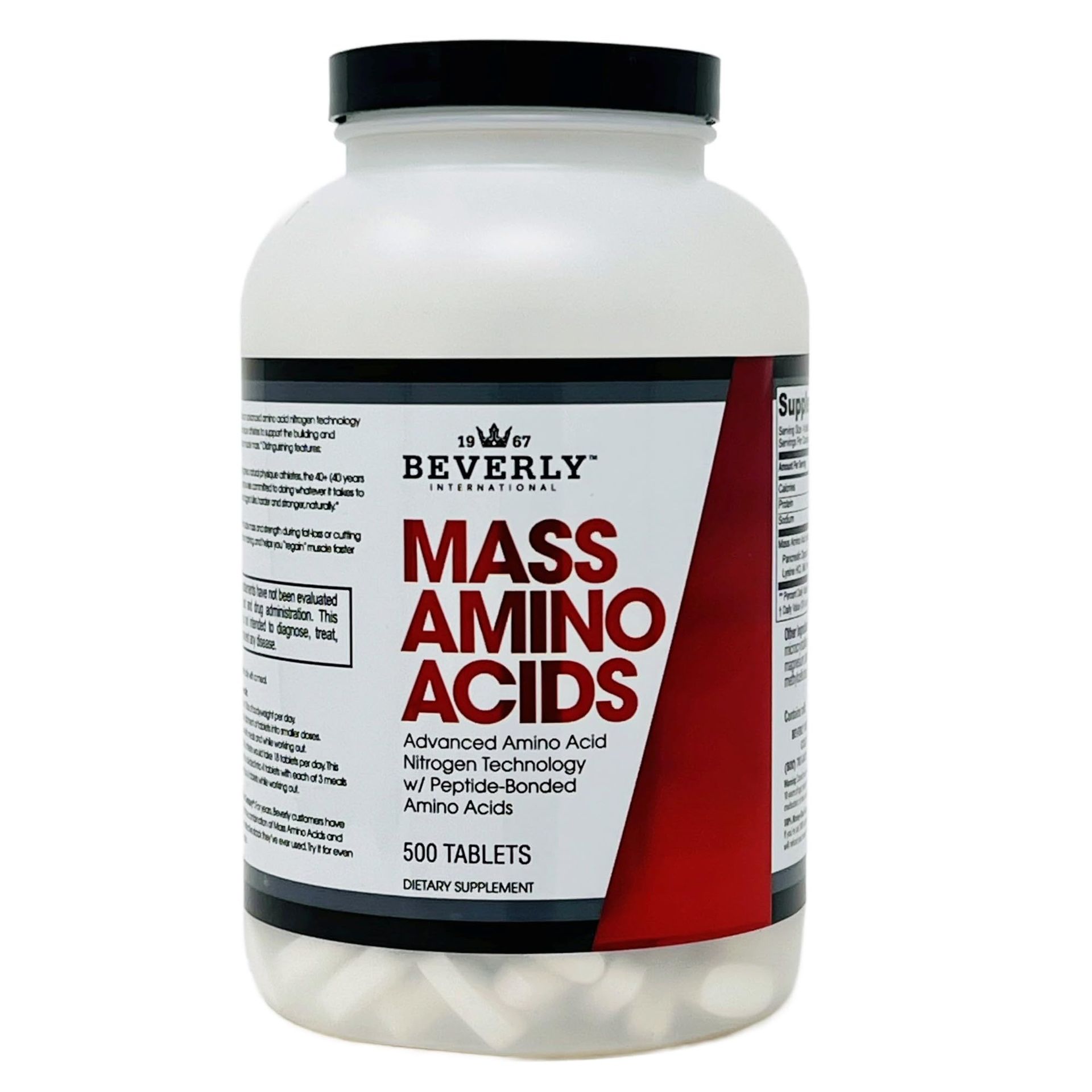 White bottle of Beverly International Mass Amino Acids supplements with red and black label.