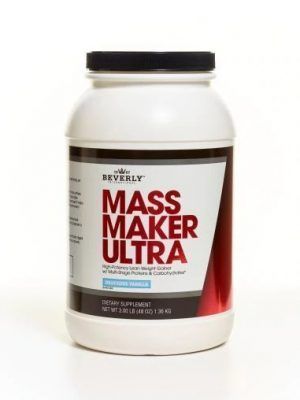 White container of Beverly Mass Maker Ultra protein powder. Black lid and label with red accents.