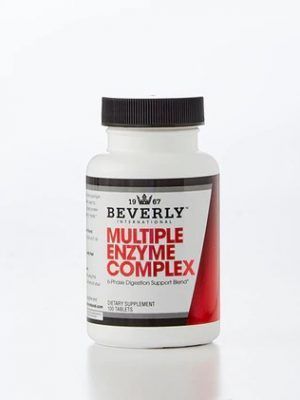 Bottle of Beverly International's Multiple Enzyme Complex tablets. White bottle with black and red labels.