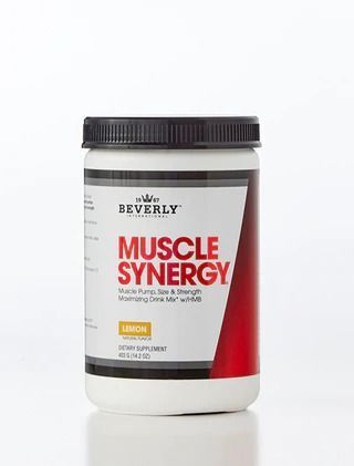 Beverly International Muscle Synergy supplement container, lemon flavor, white with red and black text.