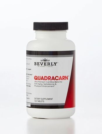 White bottle of QuadraCarn dietary supplements with red and black label.
