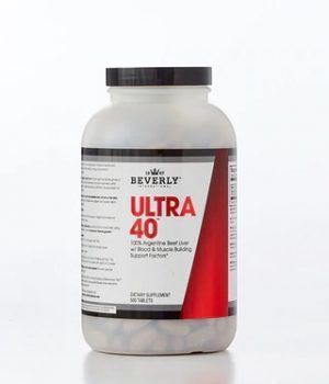 Bottle of Beverly Ultra 40 dietary supplements with black cap and red and white label.