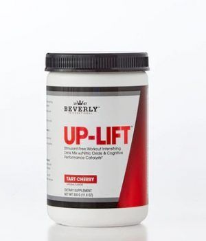 White and red jar of Beverly Up-Lift Tart Cherry workout supplement. Black lid and label with text.