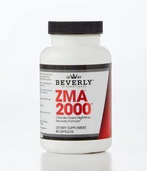 White bottle of Beverly International ZMA 2000 supplement, red and black label, black cap, 90 capsules.