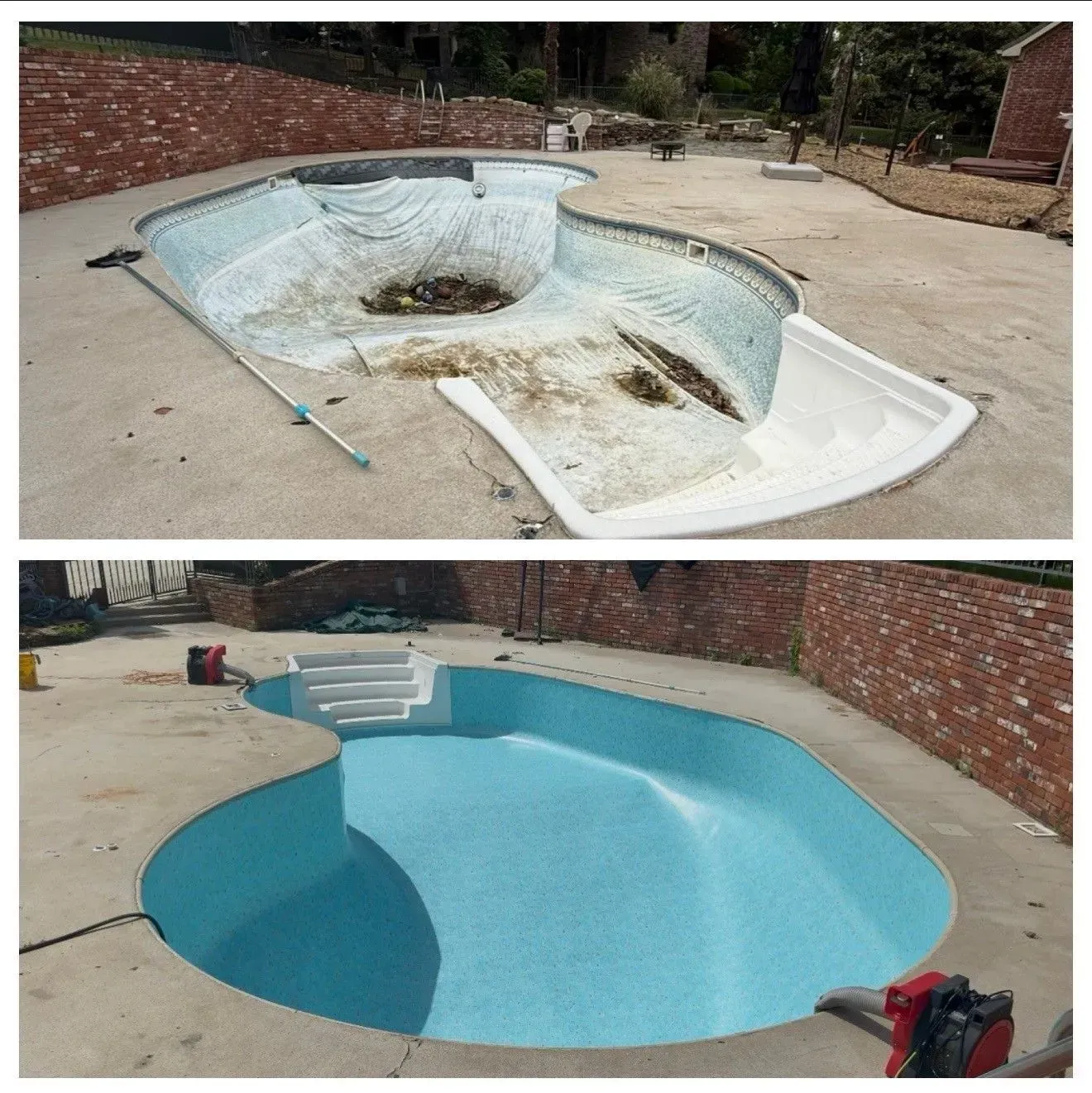 Before-and-after of a drained, resurfaced swimming pool with fresh light-blue finish.