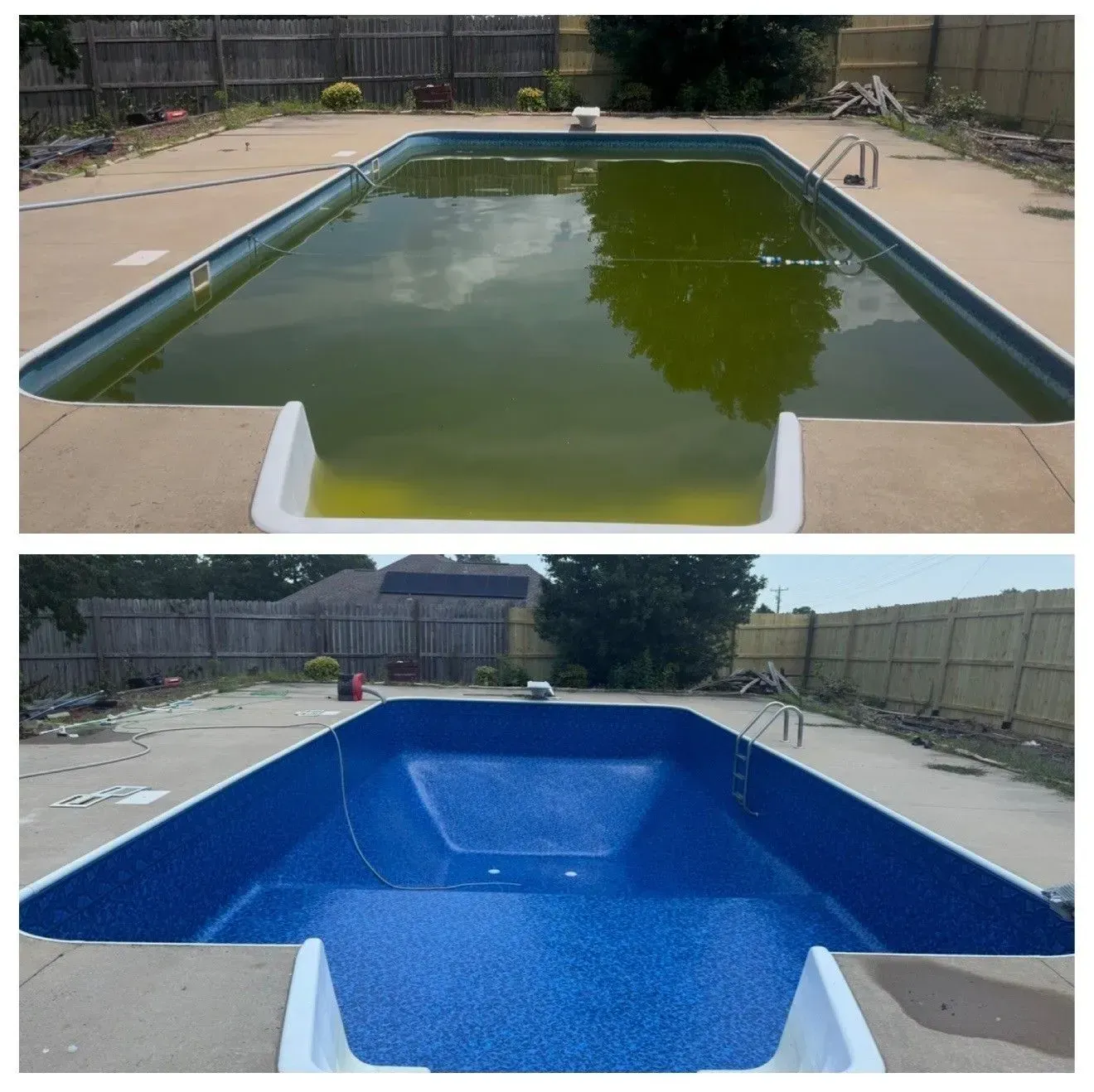 Before-and-after of a swimming pool: green murky water above, cleaned blue water below.