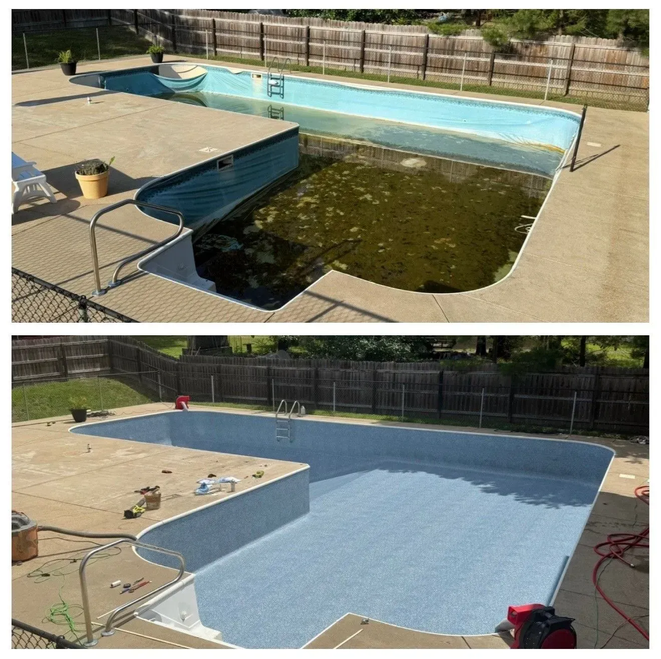 Before-and-after pool resurfacing: dirty green pool becomes clean, light blue water and deck.