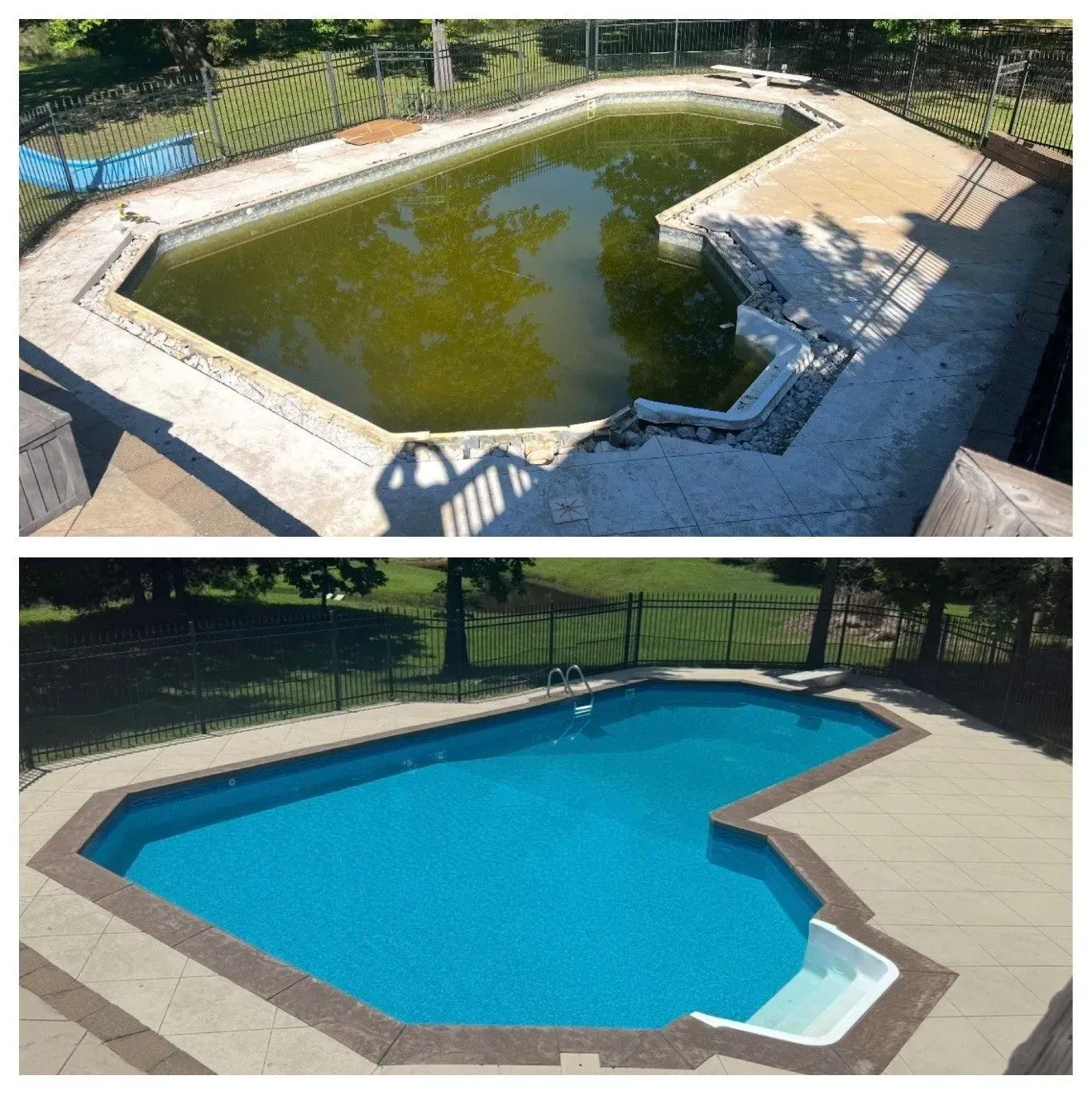 Before-and-after of a backyard pool: dirty green water transformed into a clean blue swimming pool.