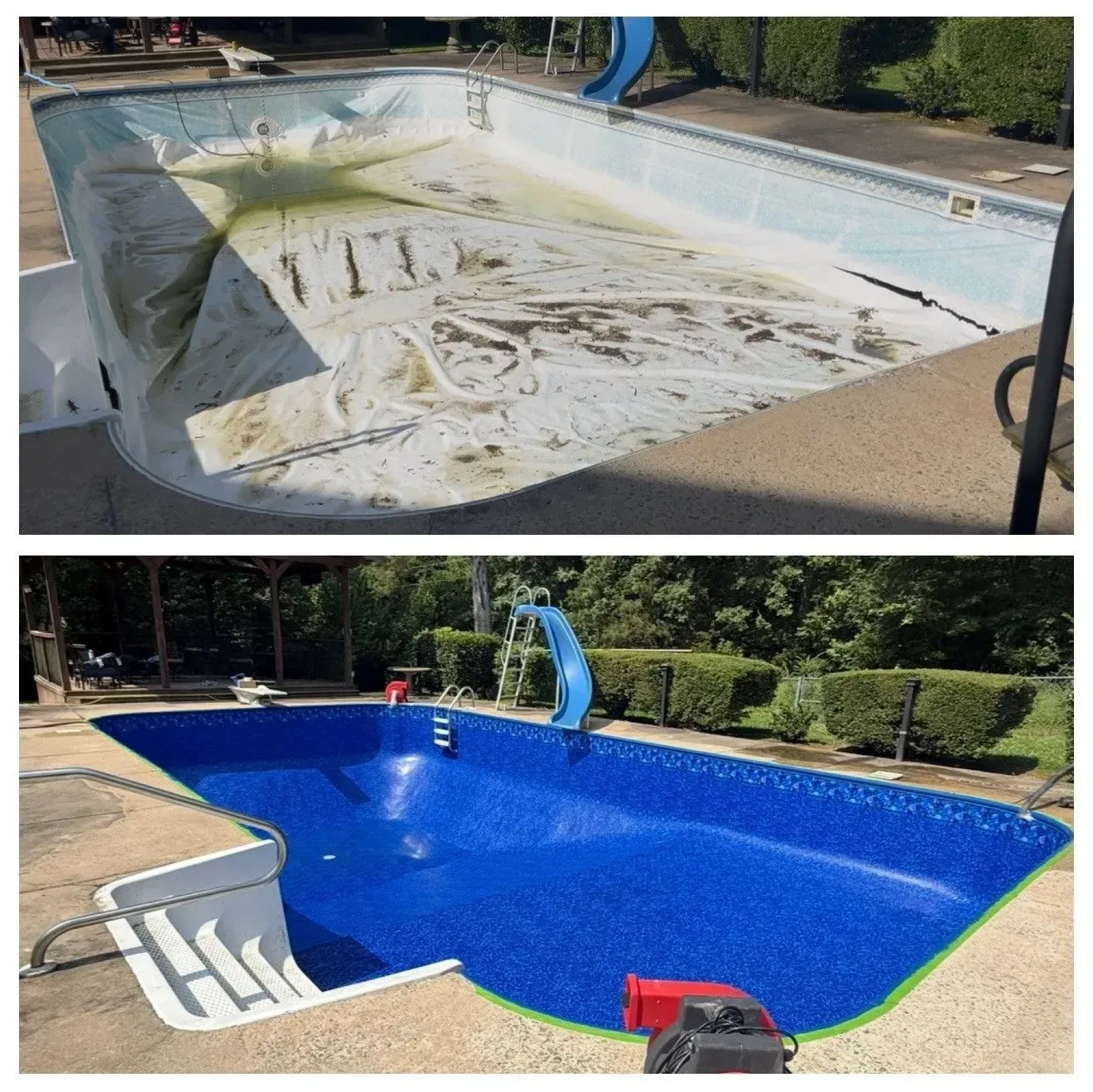 Before-and-after of an empty swimming pool, old white coating removed above and repainted bright blue below