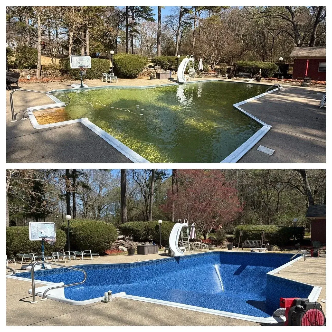 Backyard pool before and after cleaning, showing green water changed to clear blue water