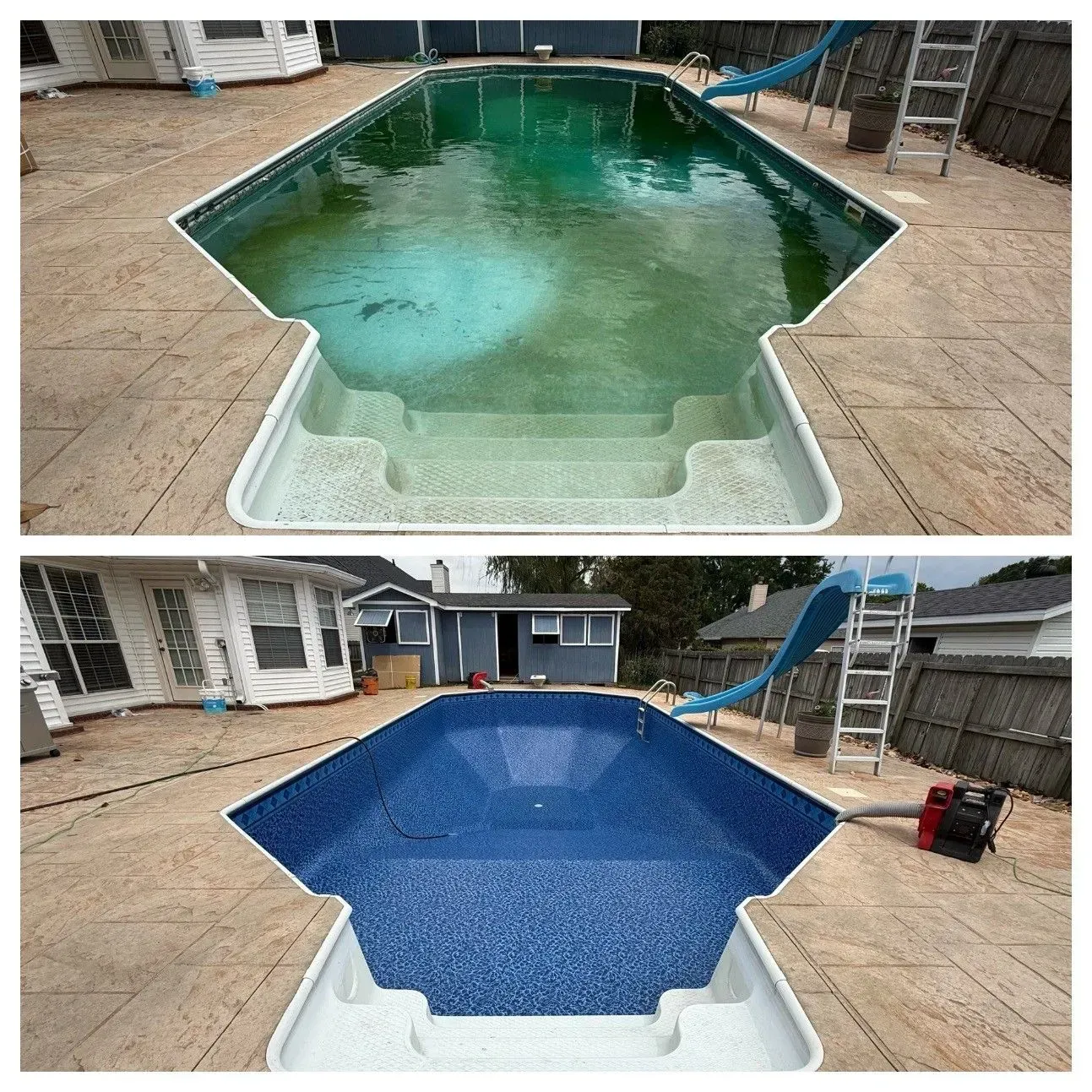 Before-and-after view of a swimming pool resurfaced from worn green to bright blue pebble finish.