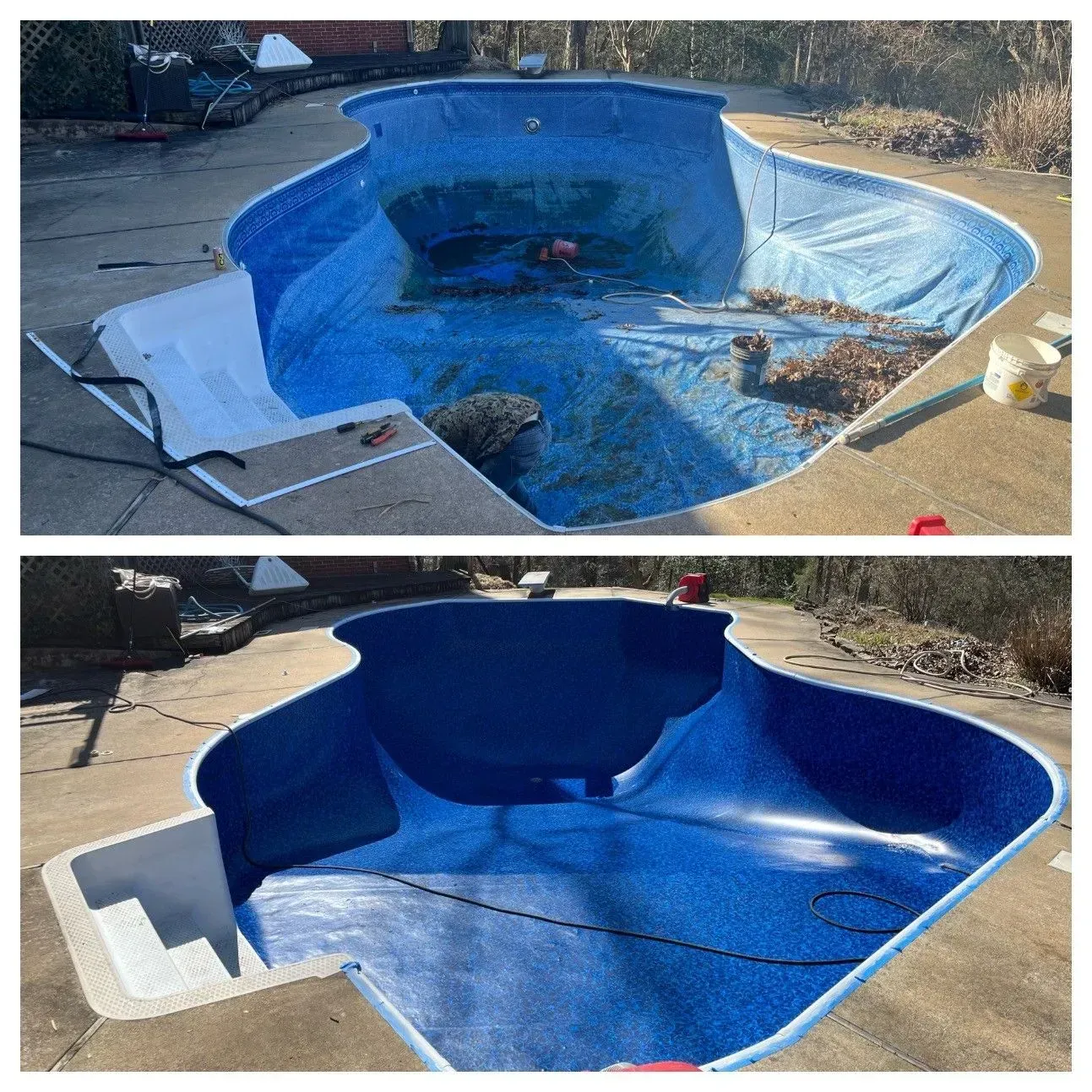 Before-and-after view of an empty blue backyard pool with a cleaned surface and white deck.