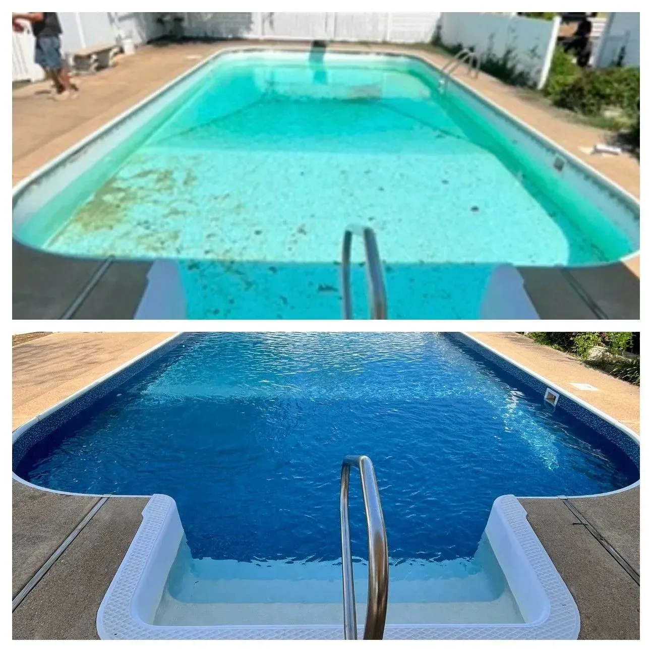 Before-and-after view of a swimming pool: cloudy turquoise water above, clear blue water below.