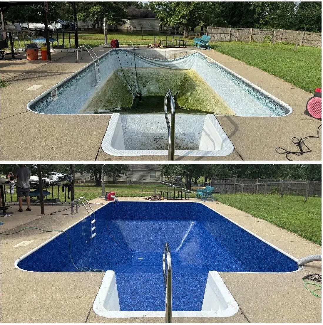 Empty pool shown before and after being painted bright blue, with a central handrail and surrounding park.