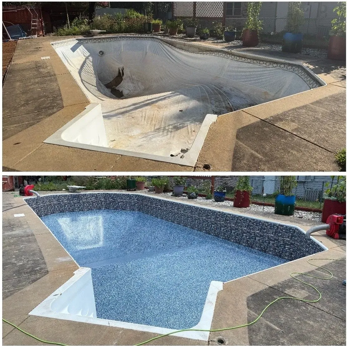 Before-and-after view of a pool being resurfaced, showing empty and filled blue finished surfaces.