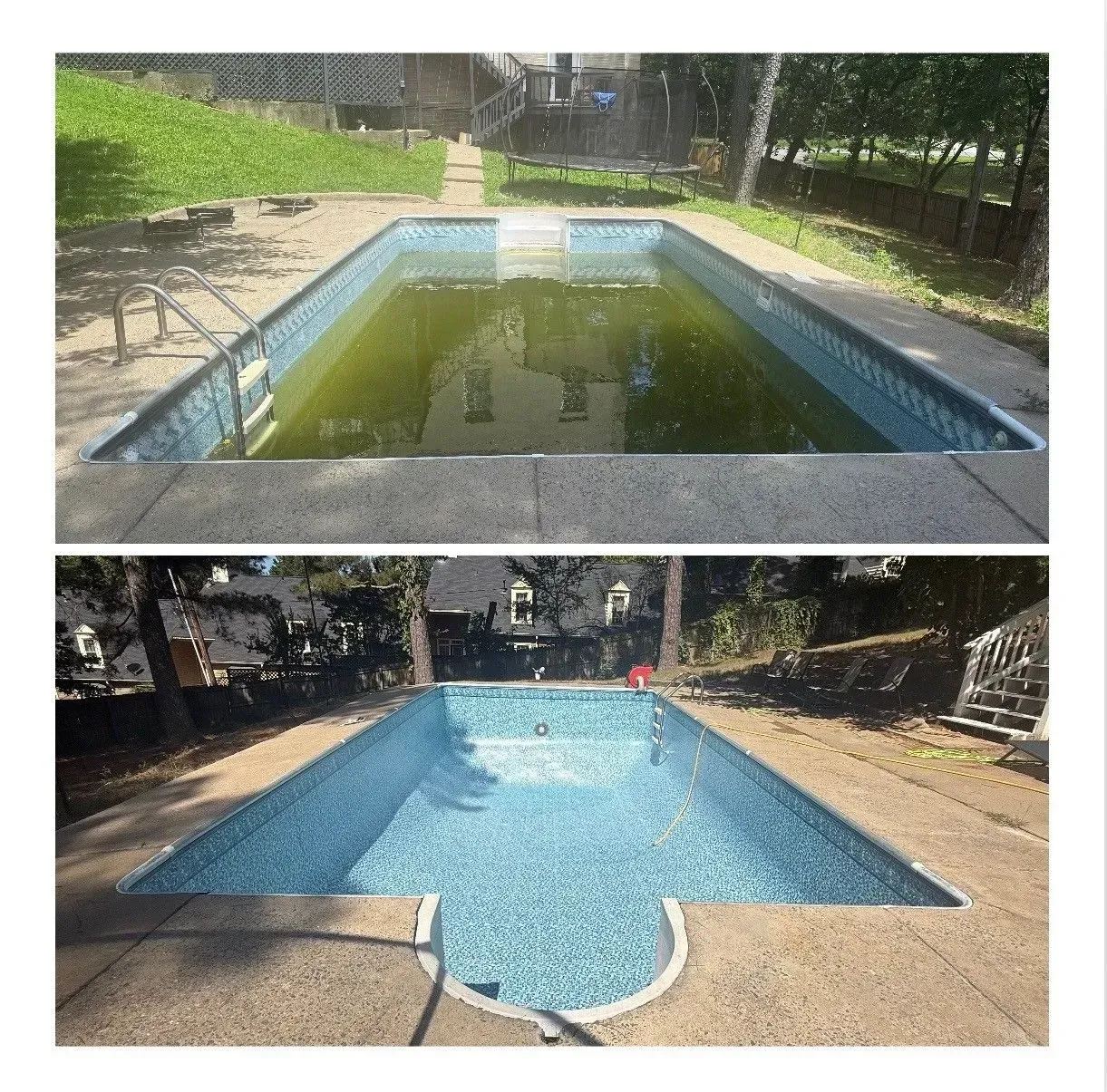 Before-and-after pool photo: green, murky water on top; clean blue water in a backyard pool below.