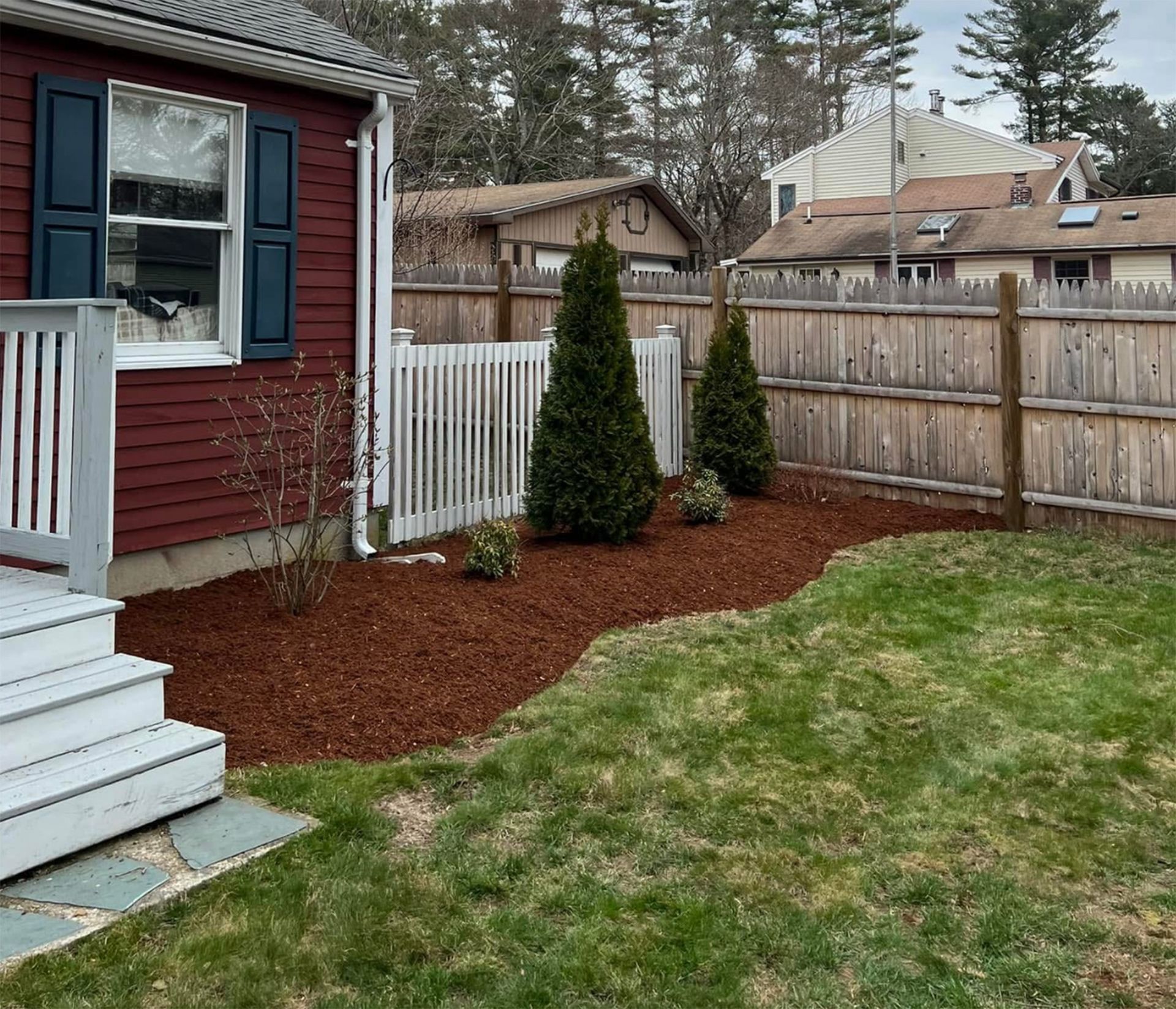 A red house with white stairs next to a mulch bed with two evergreen trees and a white fence.