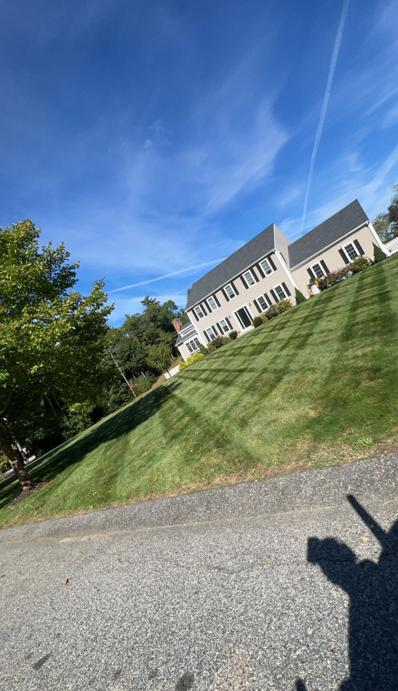 Lawn mowed with stripes on a hillside. House with dark shutters in the background, blue sky with contrail.