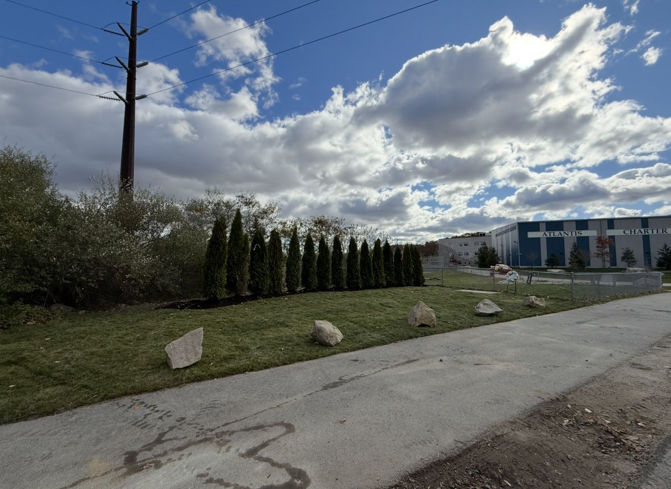 Green lawn with row of tall, thin trees, light-colored rocks, and blue building under cloudy sky.