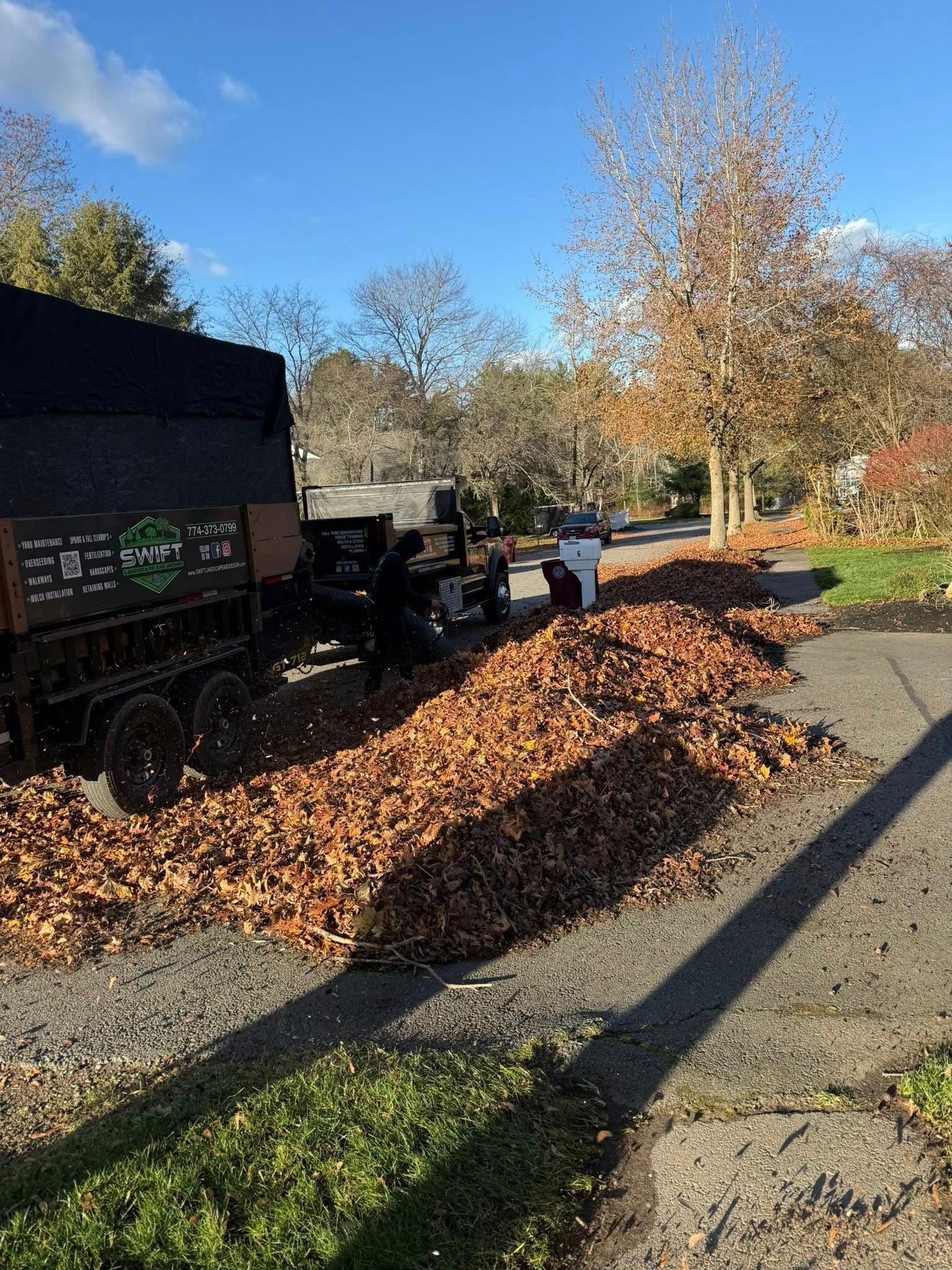 Truck loading large pile of fallen brown leaves on a street, blue sky, sunny day.