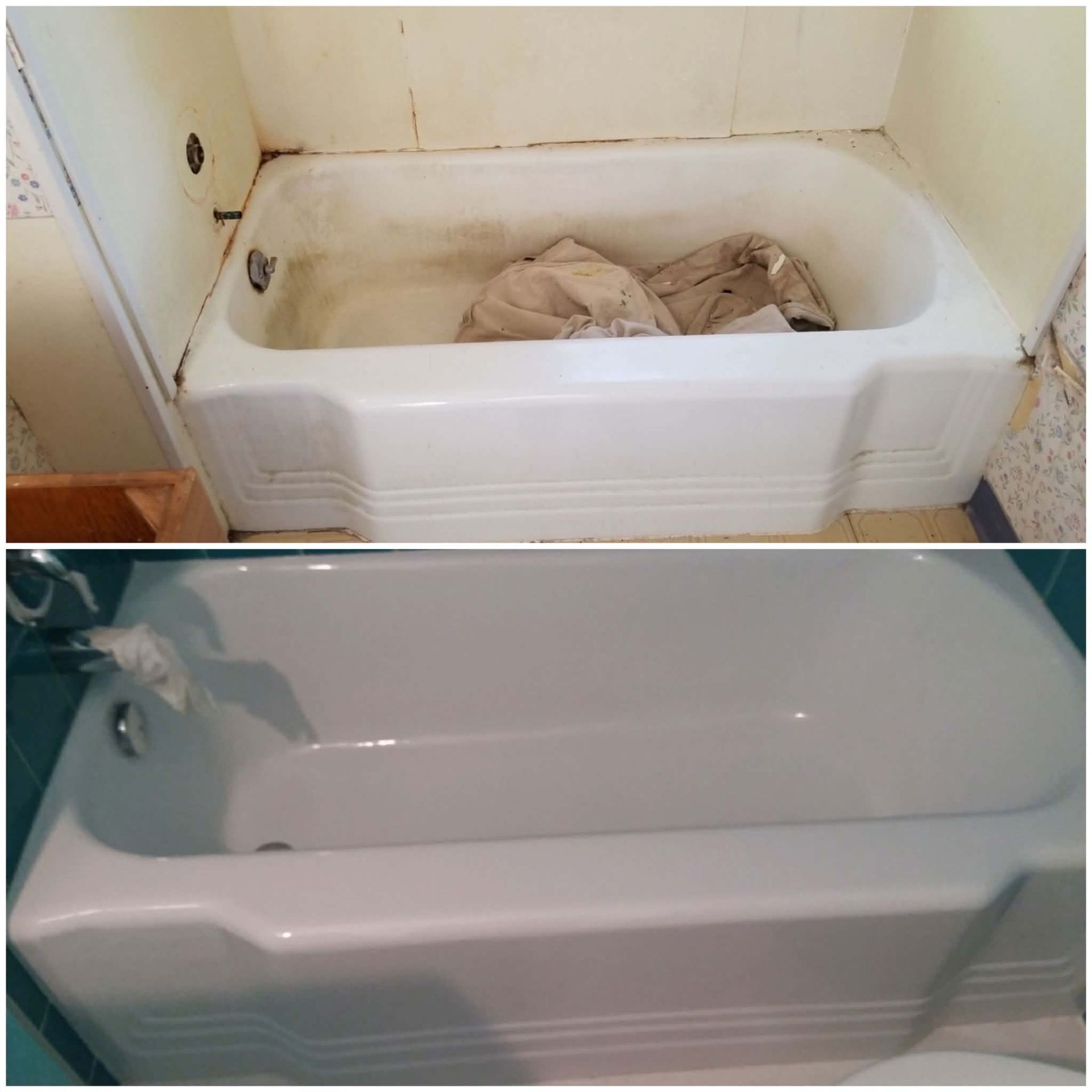 Before-and-after of a bathtub cleaning: dirty tub with rags on top, and a clean white tub below