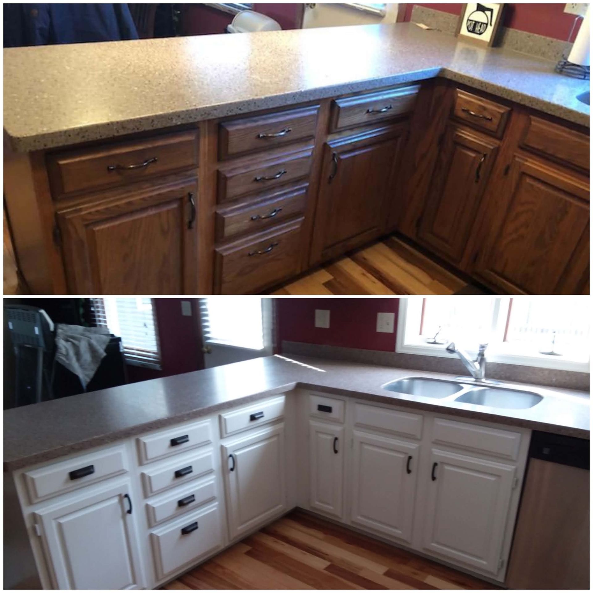 Before-and-after kitchen cabinets with wood finish changing to white around a countertop and sink.