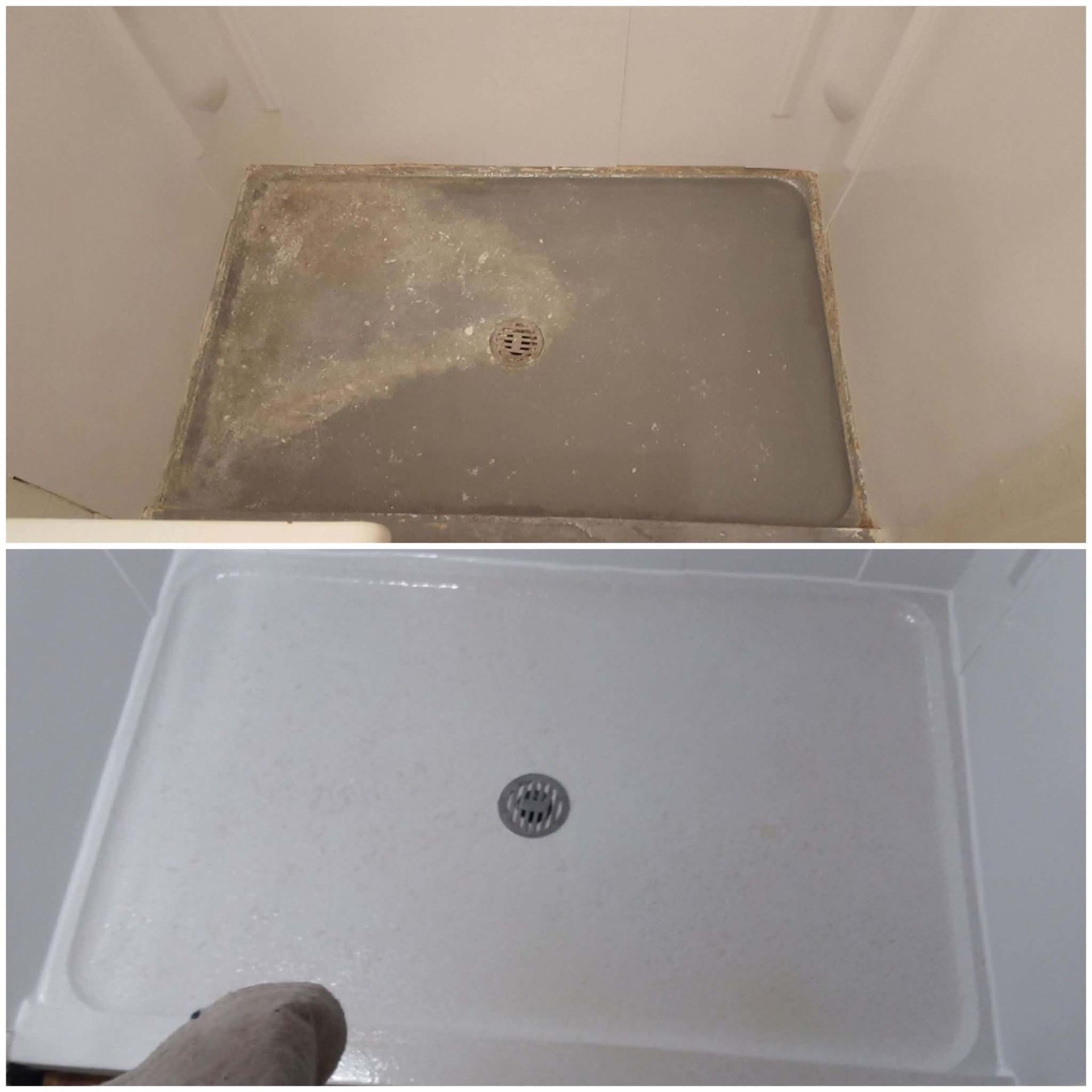 Two bathtub floor images: one stained and dirty, one clean white after resurfacing