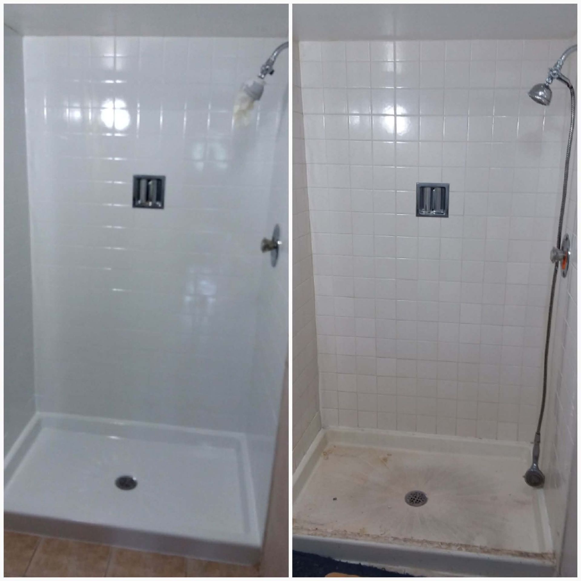 Before-and-after of a white shower stall, showing a cleaned tub and tiled walls.