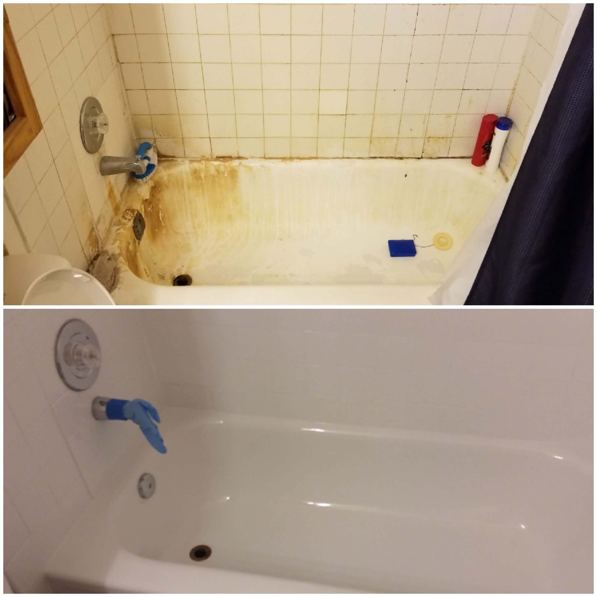 Before-and-after bathtub cleaning: dirty tub top, clean white tub bottom.
