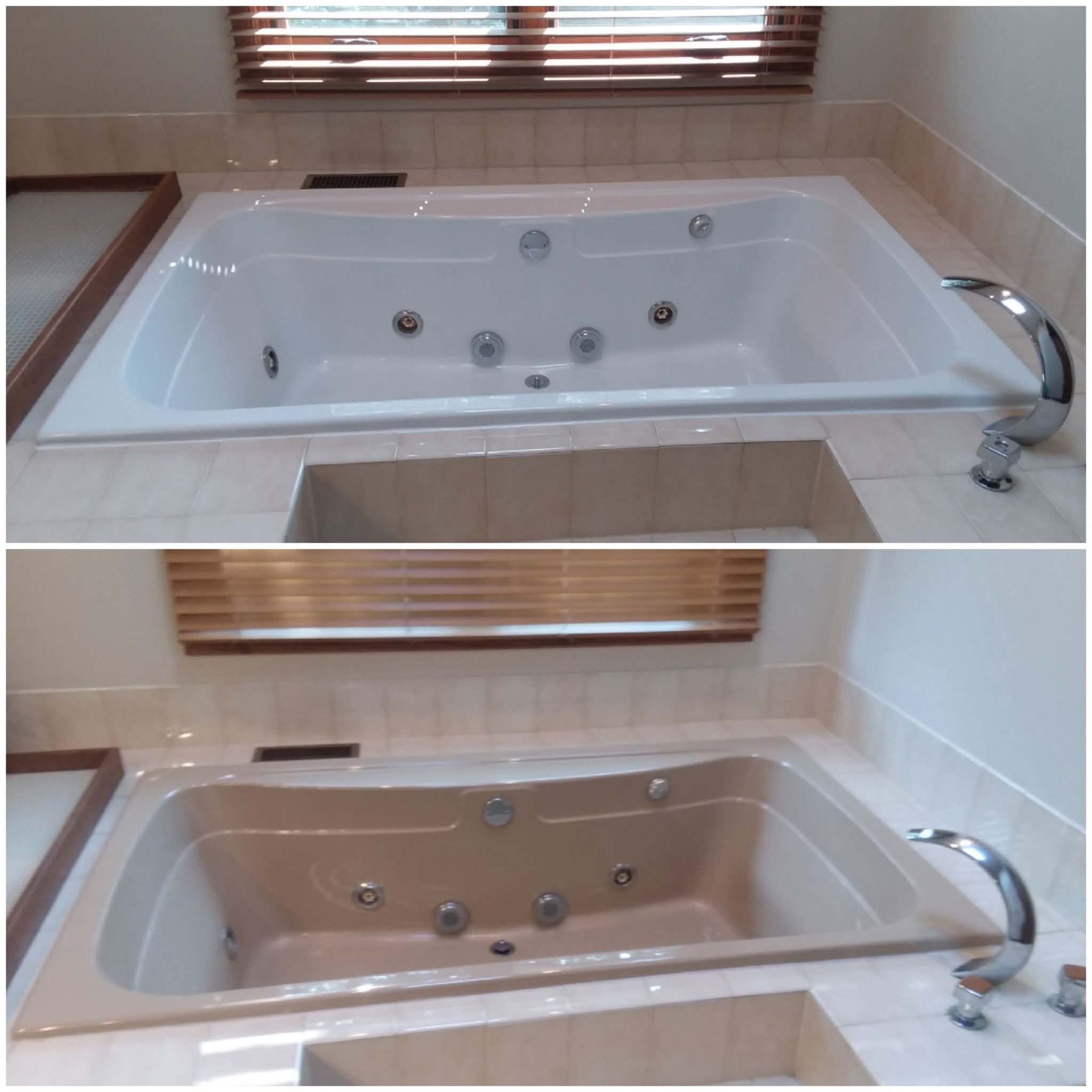 Before-and-after view of a white jetted bathtub with water removed, showing the tub drain area.