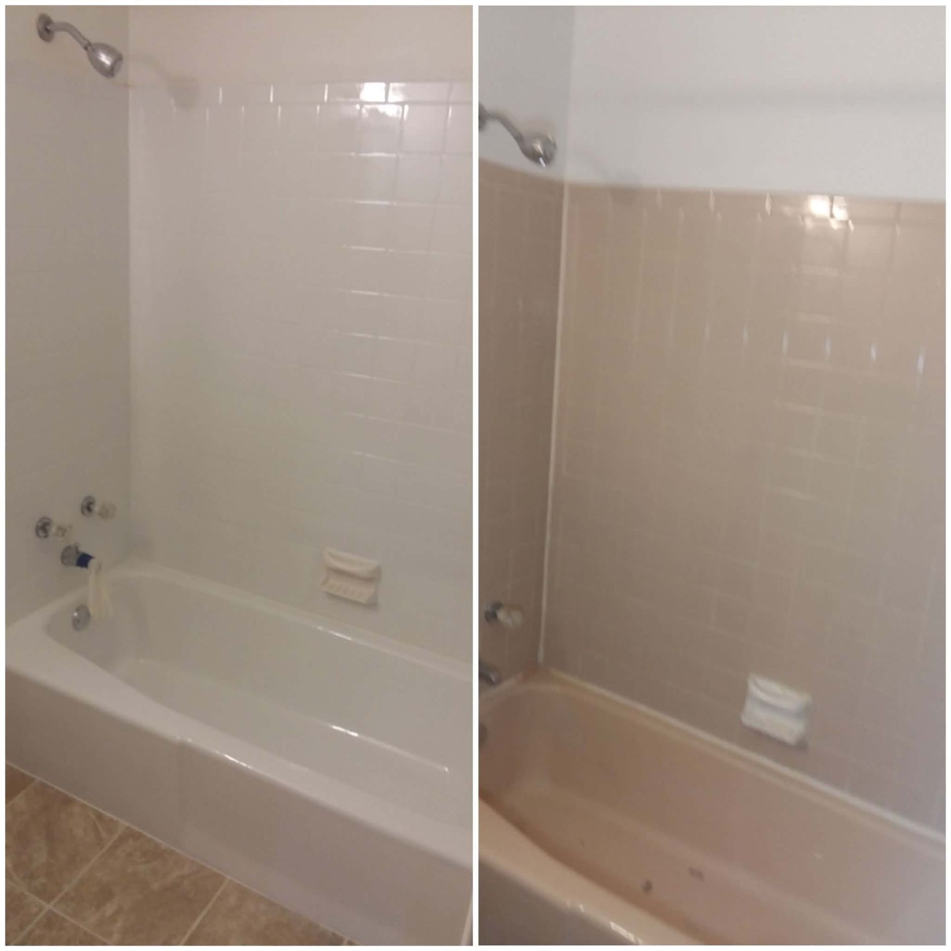 Before-and-after view of a bathtub surround with white and beige tile walls.
