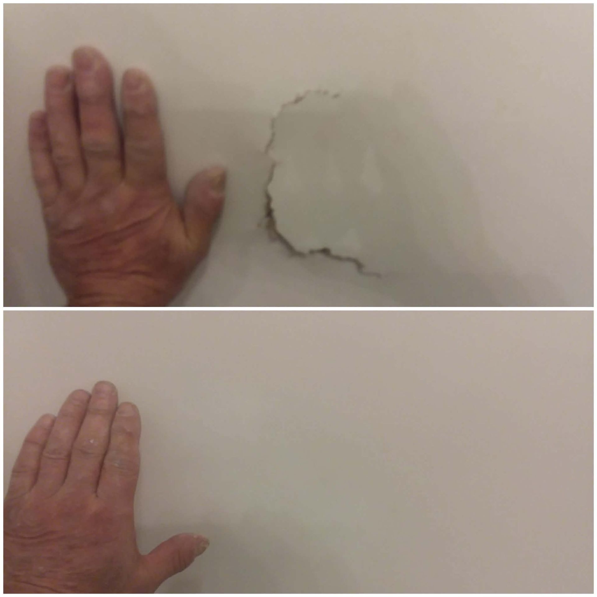 Before and after of a hand beside a repaired wall patch on a white wall