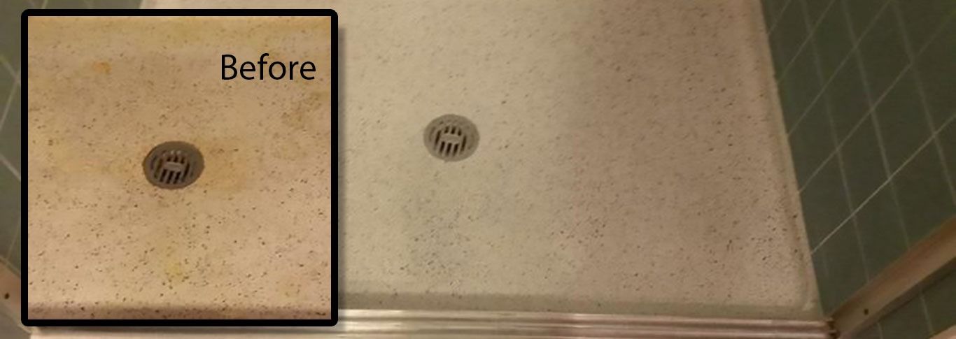 Before-and-after view of a shower drain on beige tile, showing a cleaner drain cover on the right.