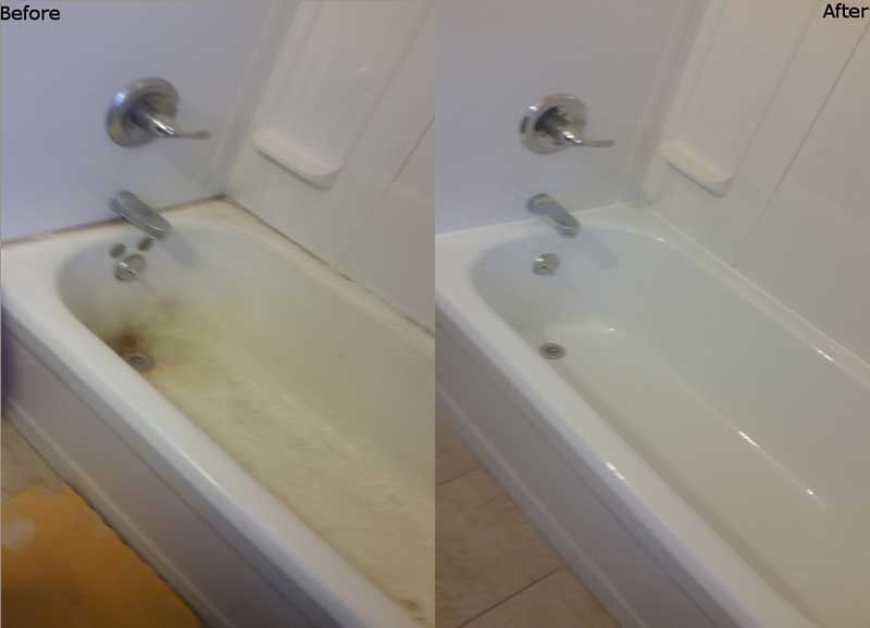 Before-and-after view of a bathtub being cleaned, showing a stained tub beside a clean white tub