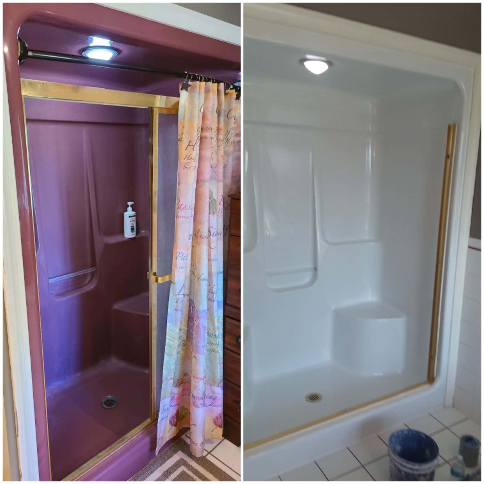 Before-and-after shower stall: old purple-tiled shower on left, updated white shower on right.