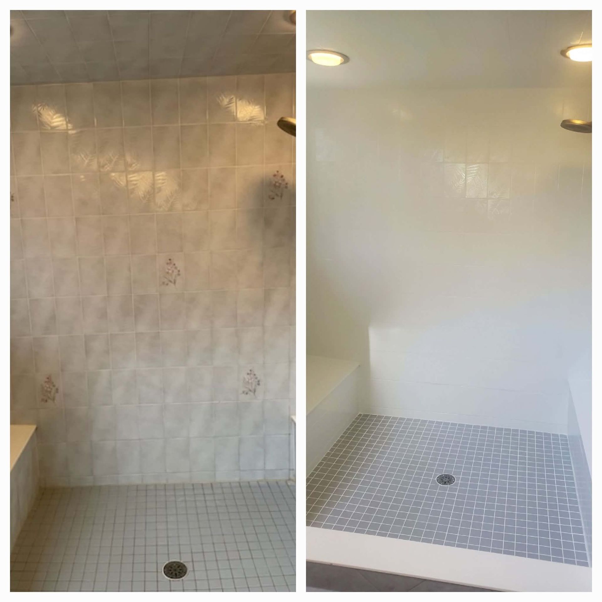 Bathroom shower before-and-after: stained tile replaced with clean white walls and mosaic floor.