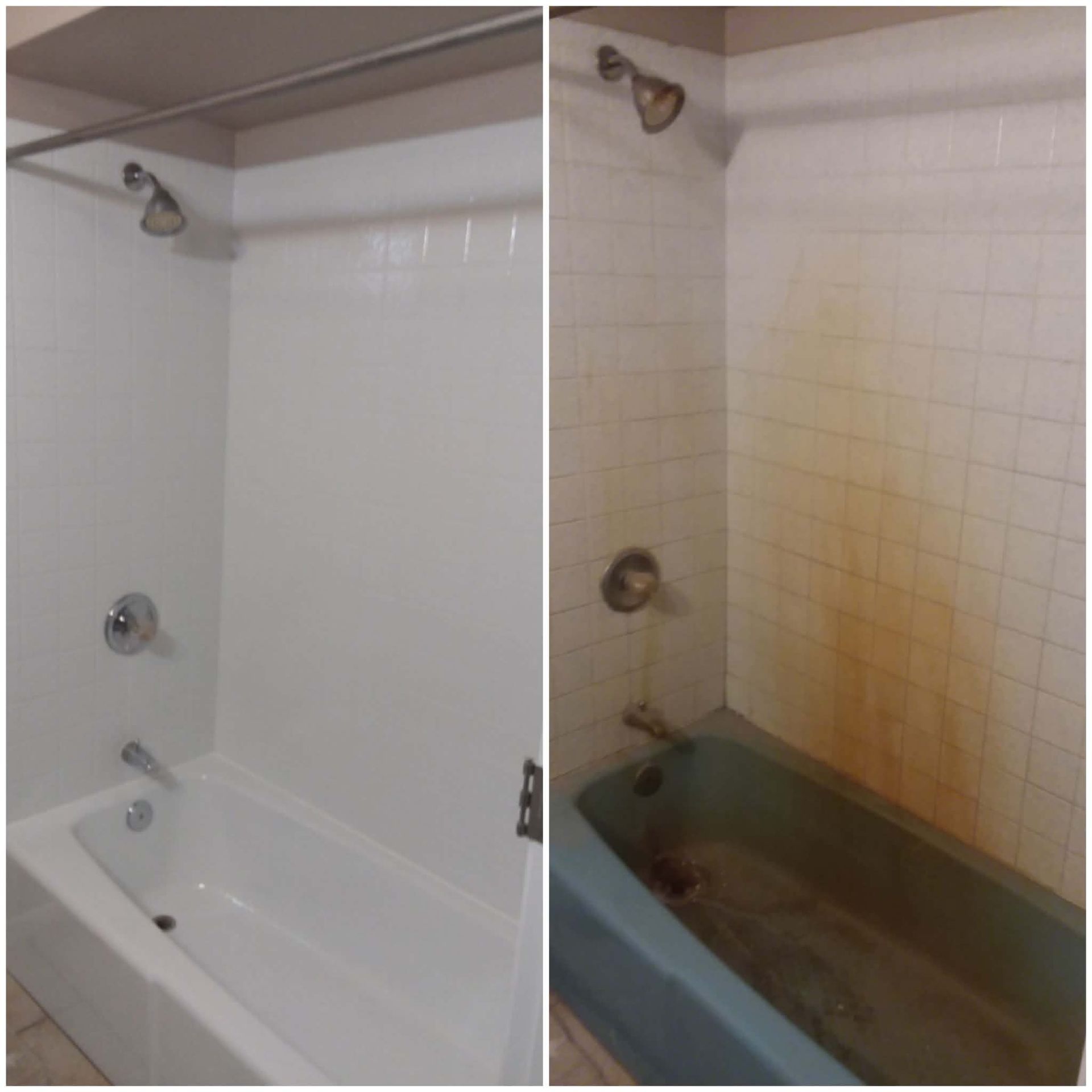 Side-by-side bathroom shower/tub: clean white on left, stained yellow-brown on right.