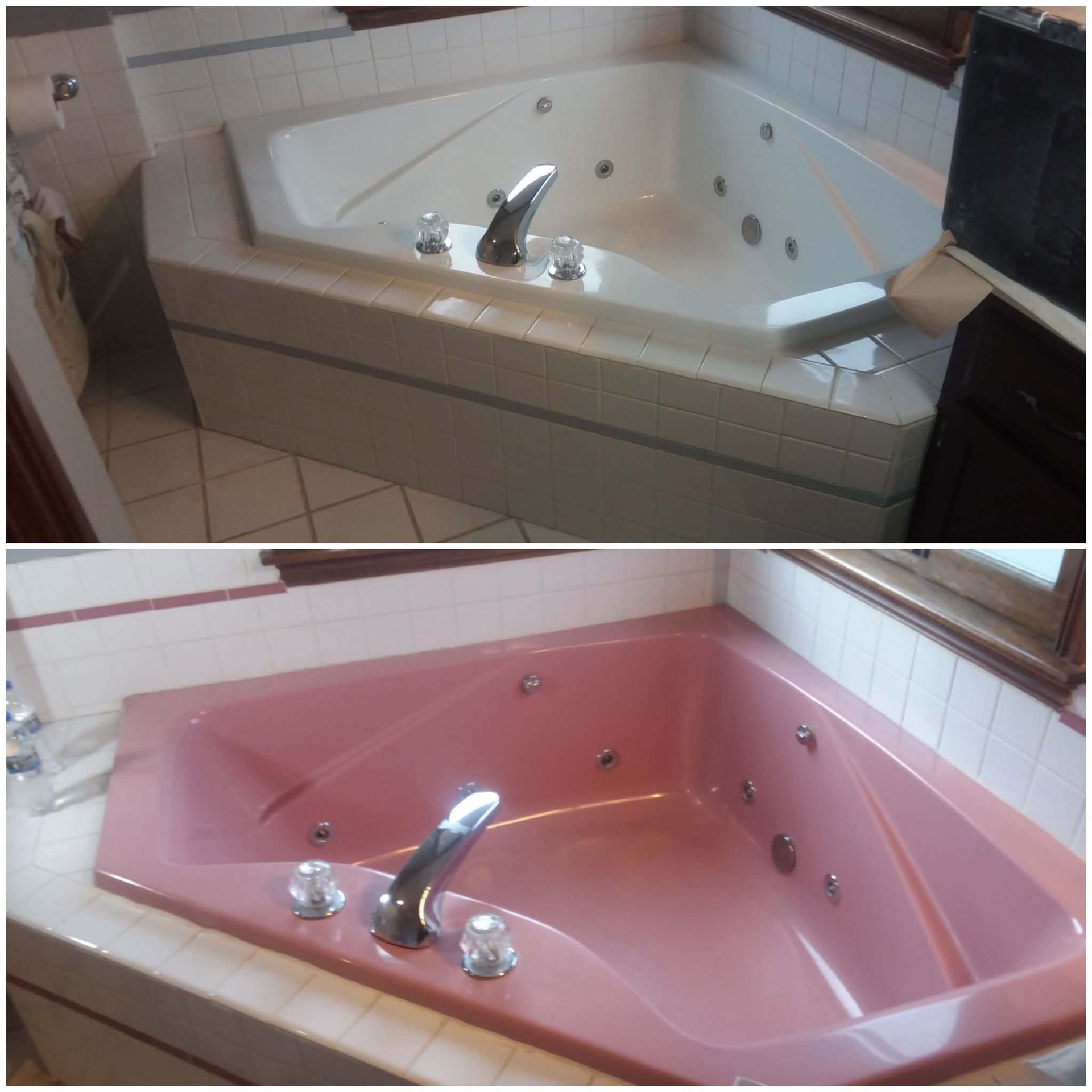 Before-and-after view of a bathroom jacuzzi tub: white tub above, pink tub below.