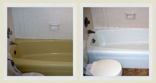 Before-and-after view of a bathroom bathtub, showing a yellow tub changed to a white tub with a toilet seat nearby