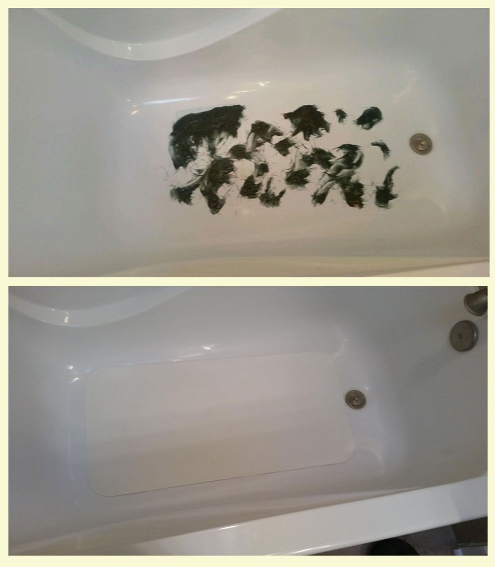 Two bathtub photos: one with dark debris in the tub, one showing a clean white tub basin.