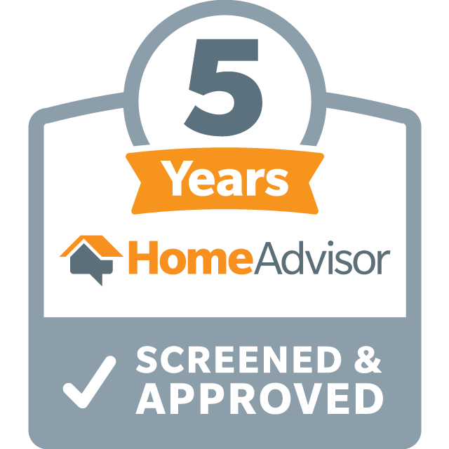 HomeAdvisor 5 Years Screened & Approved badge: gray, orange, and white logo with a checkmark.