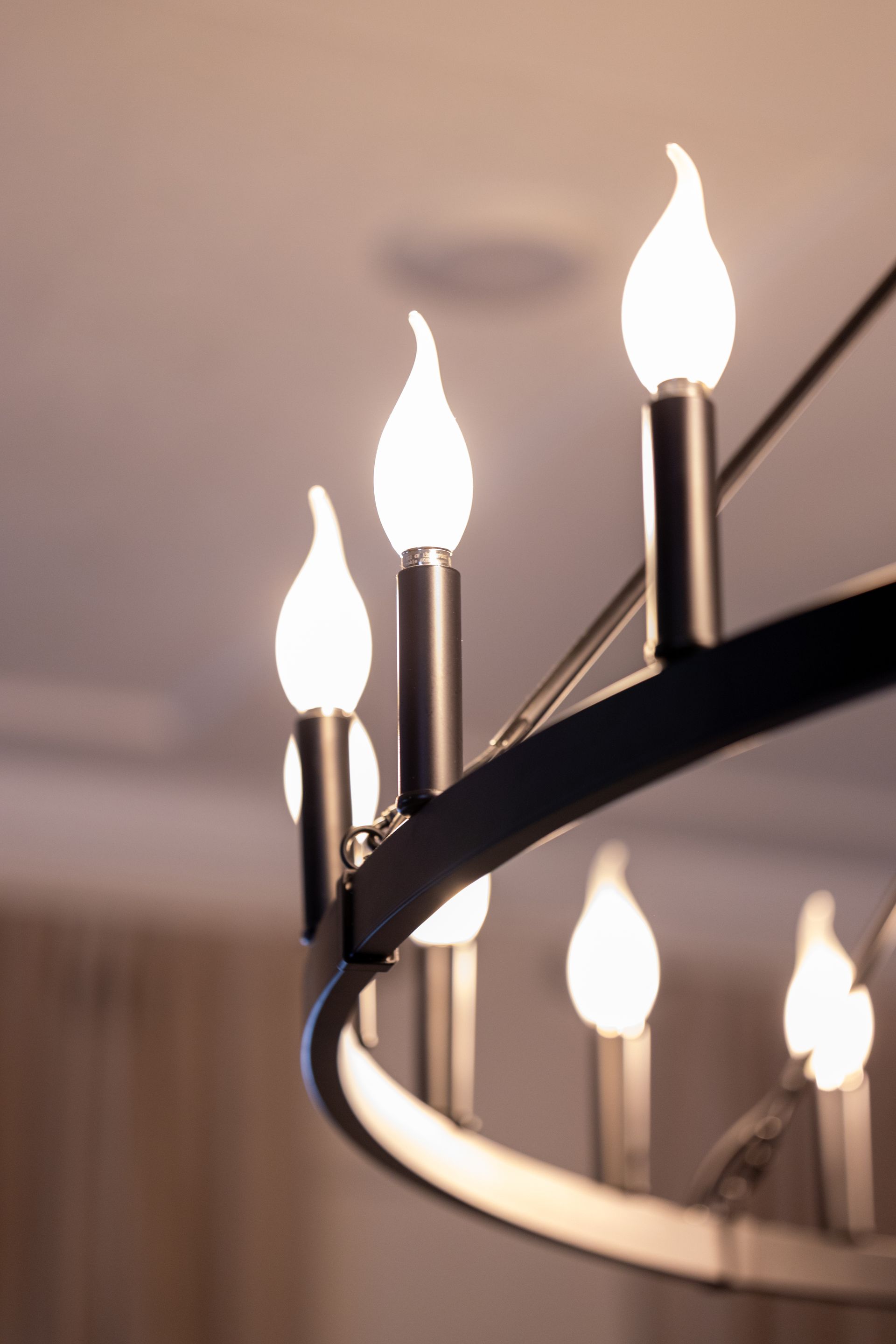 Black chandelier with several candle-shaped lights illuminating the frame, set against a soft, light background.
