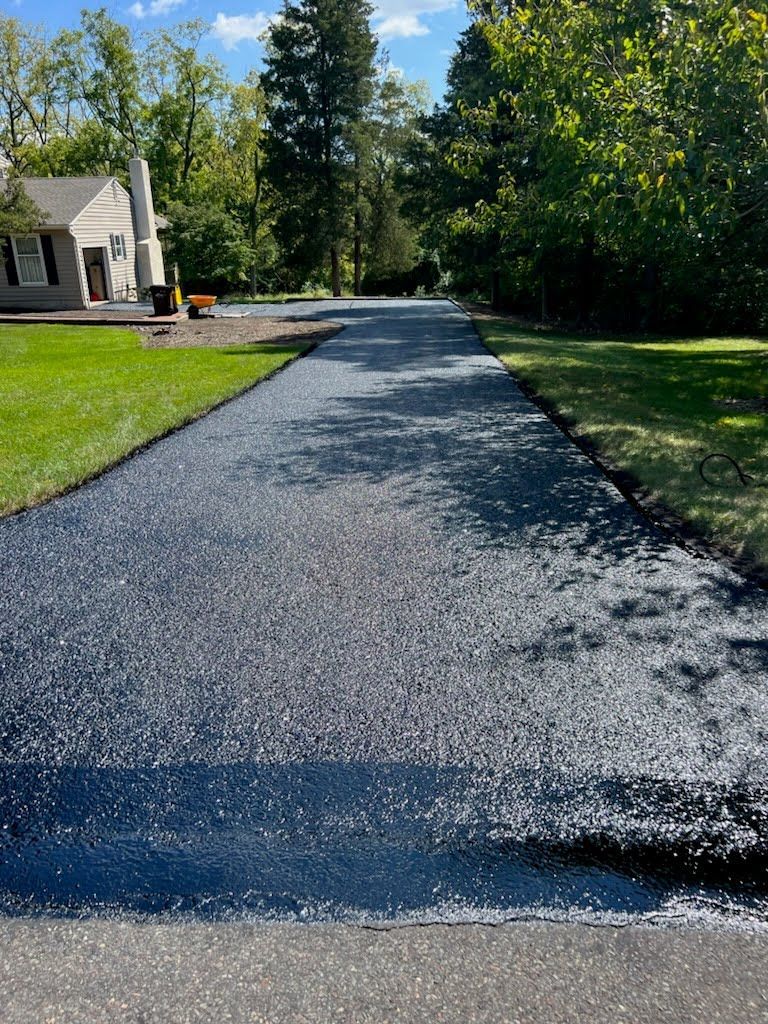 a driveway with a house in the background and trees on the side .
