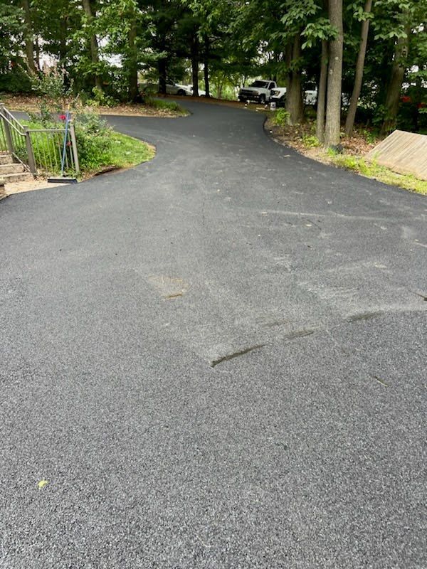 a black asphalt driveway with trees on the side of it .
