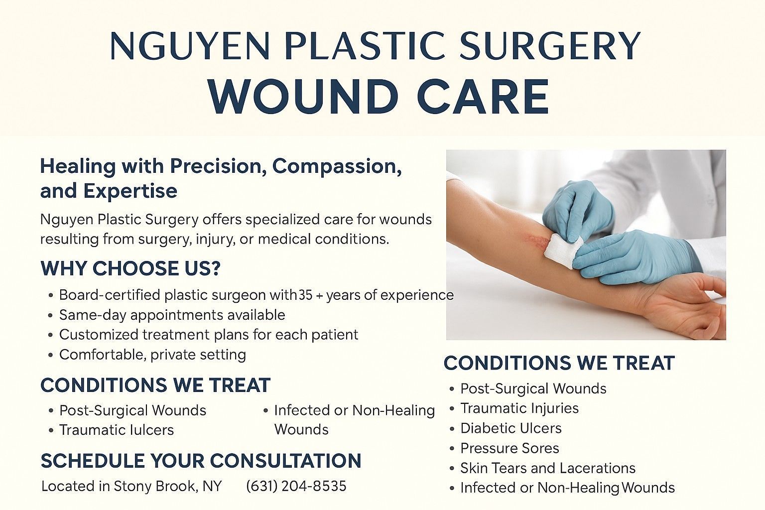 Nguyen Plastic Surgery ad: Wound care with text and arm being treated.