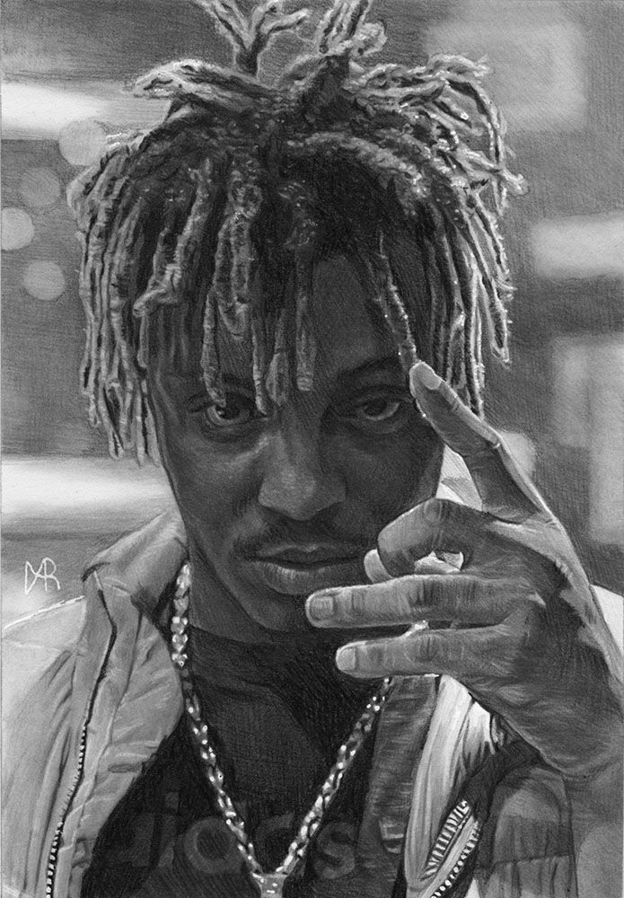 A black and white drawing of a man with dreadlocks and a necklace