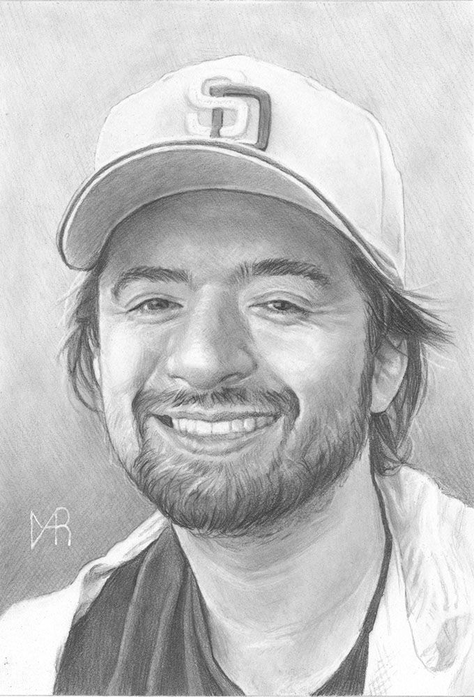 A black and white drawing of a man wearing a baseball cap and smiling