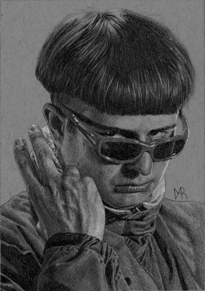 A black and white drawing of a man wearing sunglasses