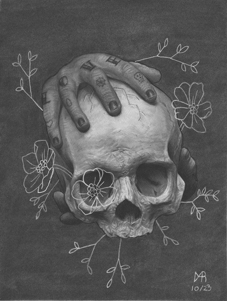 A black and white drawing of a person holding a skull with flowers around it